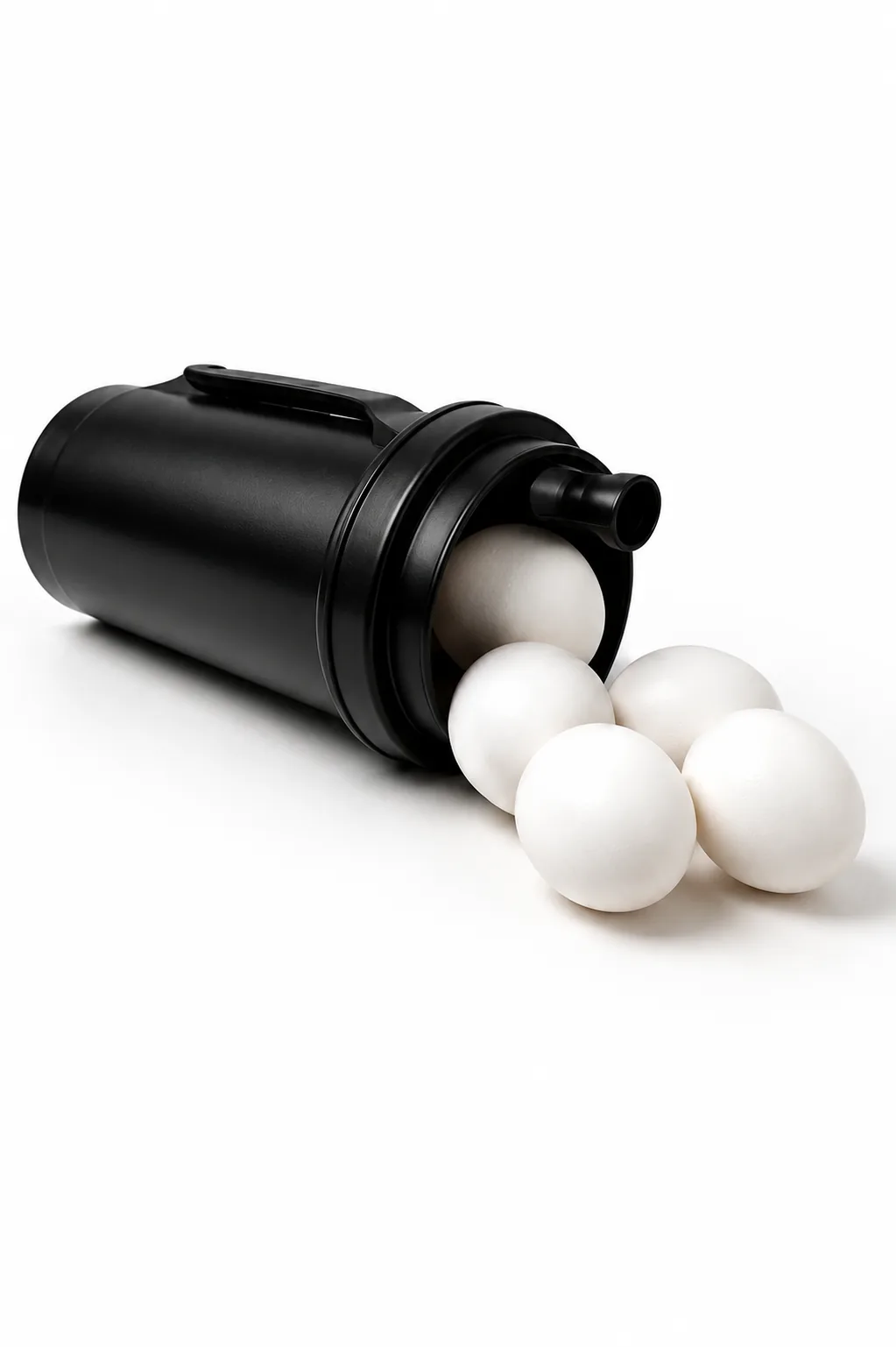 White eggs in a black shaker bottle - clean portable protein