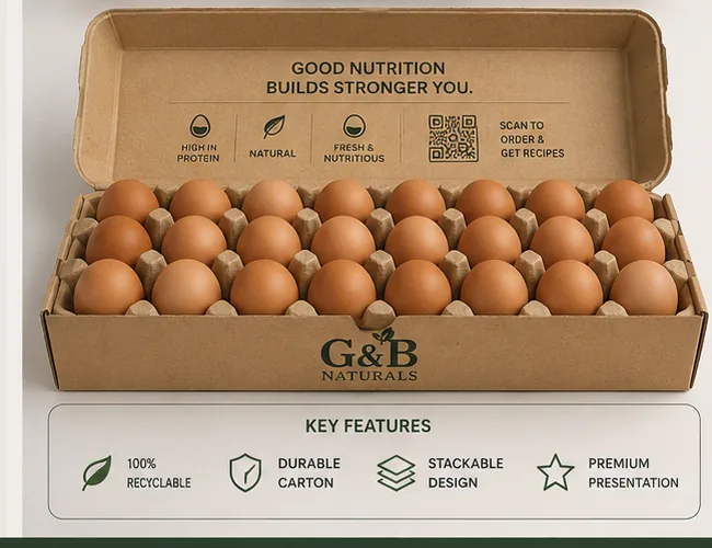 G&B Naturals open kraft carton with 30 fresh eggs - Good nutrition builds a stronger you