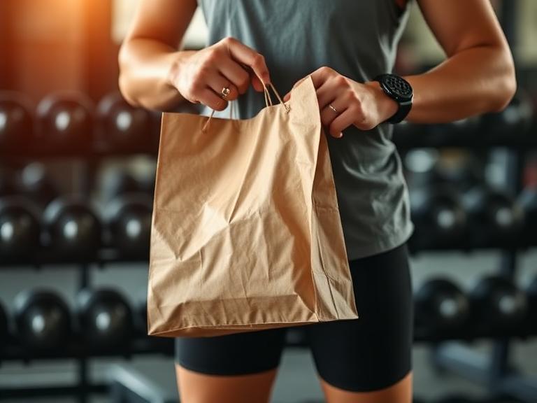 Athlete picking up a kraft bag of eggs at the gym