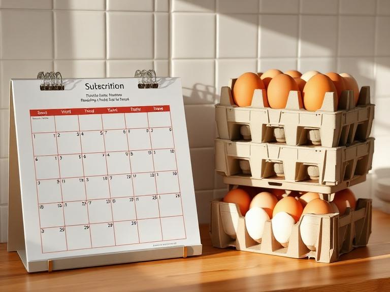 Weekly calendar beside stacked egg crates reserved each week